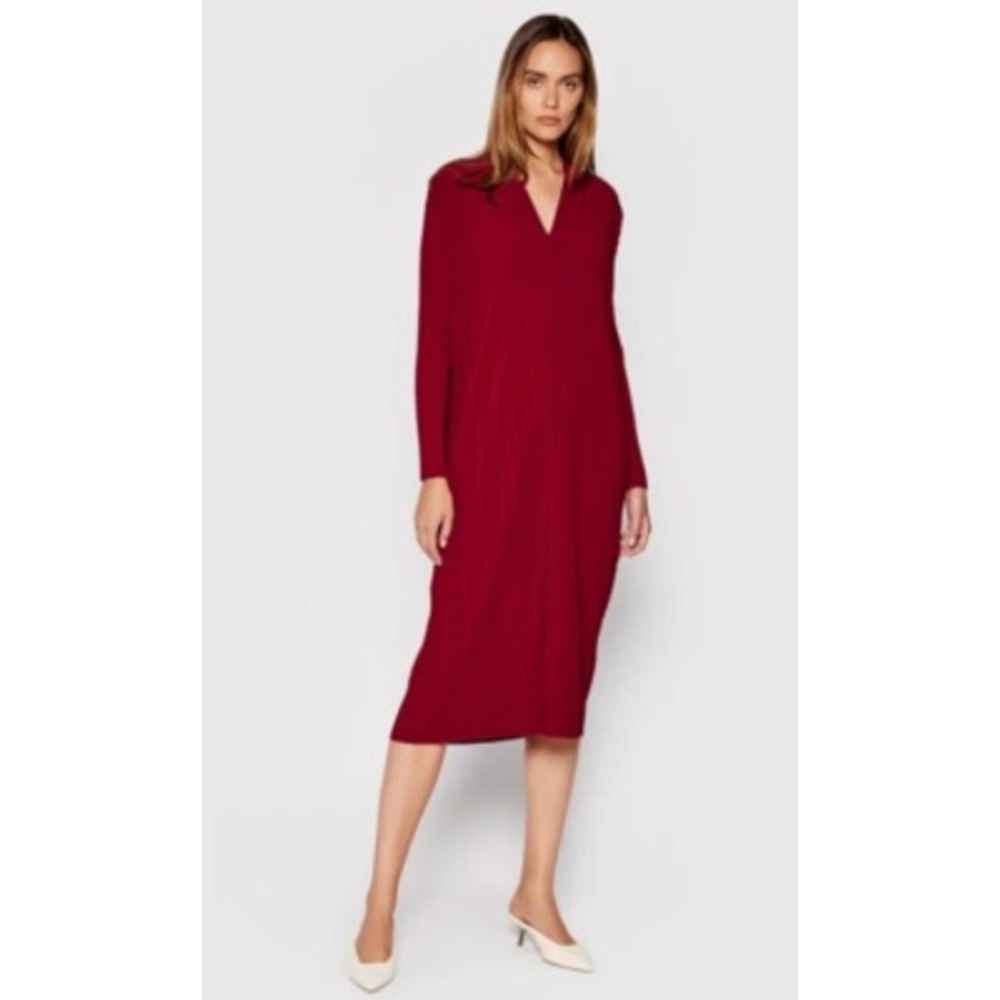 Max Mara Leisure Burgundy Red Tubo Pleated Plisse V-Neck Midi Dress XL